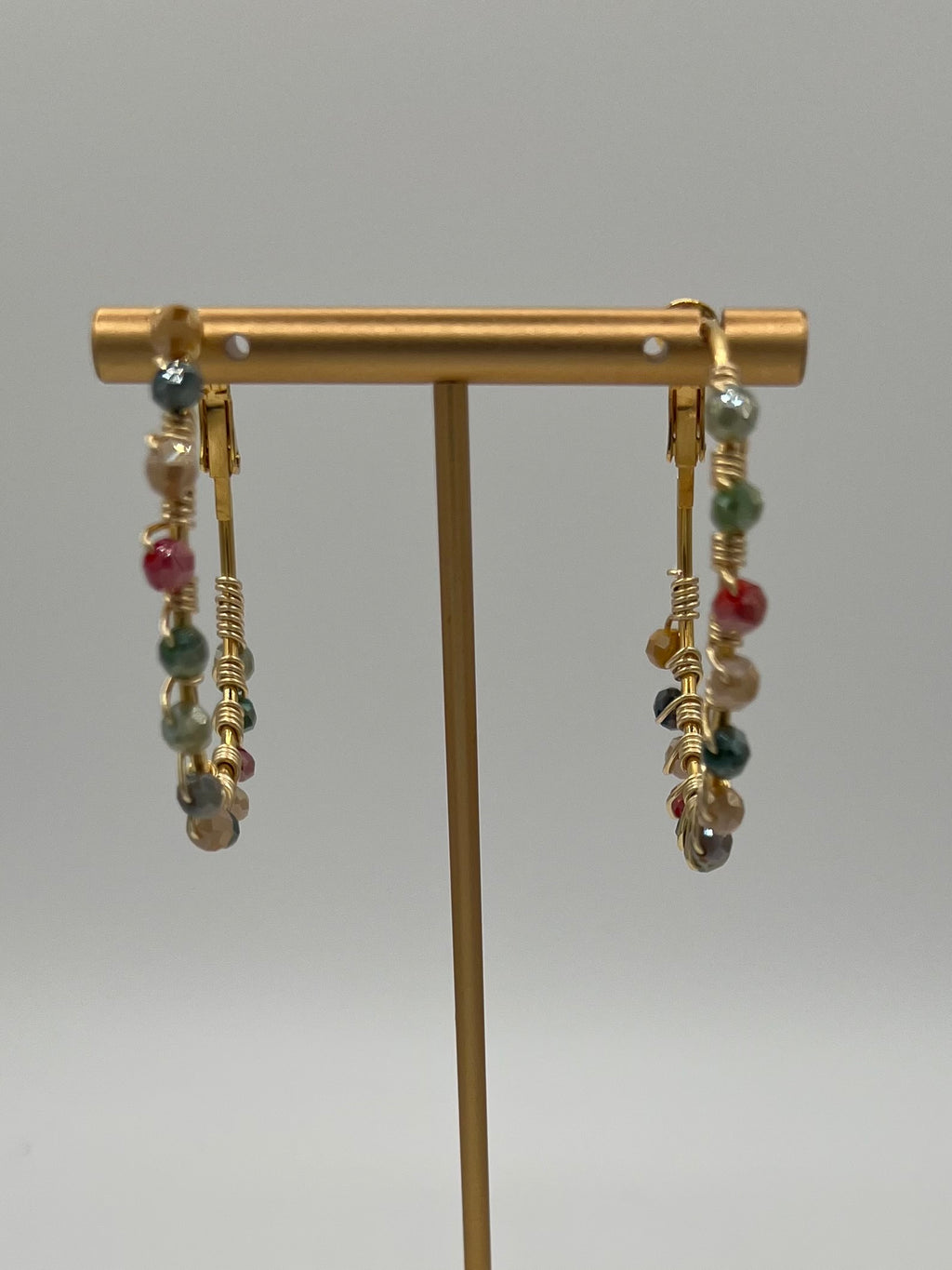 Hand-Wired Gold Hoop Earrings with Multicolor Glass Beads