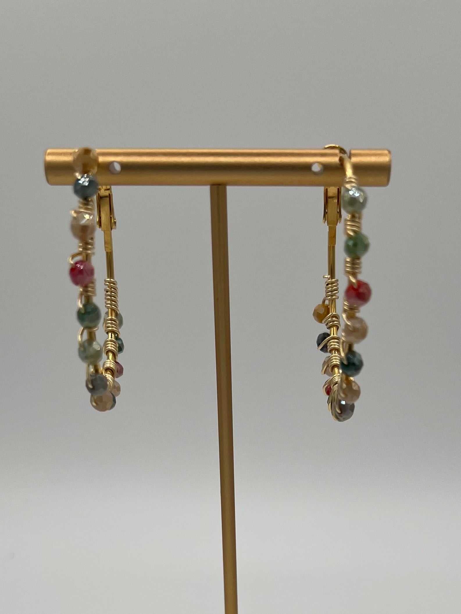 Hand-Wired Gold Hoop Earrings with Multicolor Glass Beads