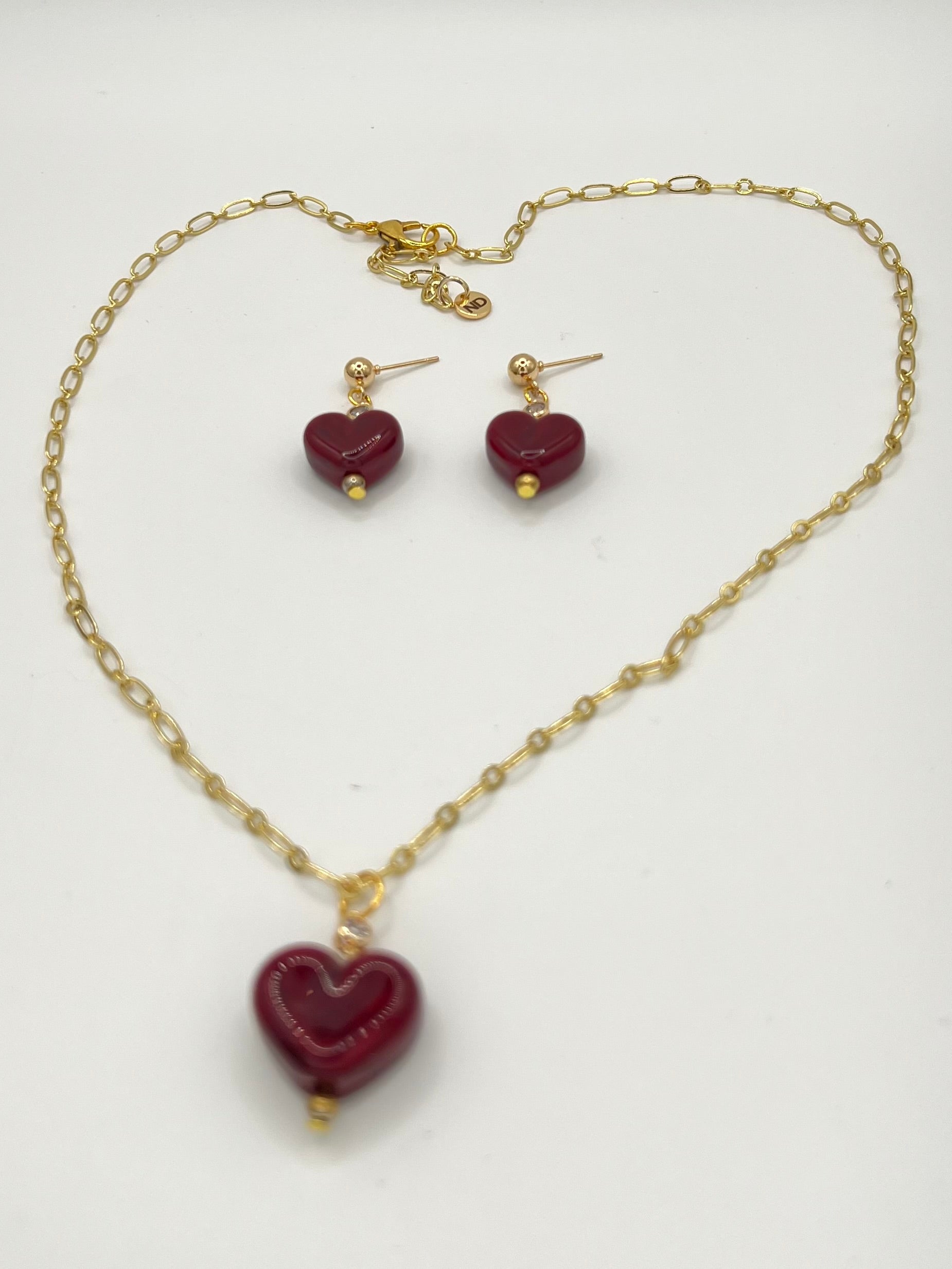 Handmade Lampwork Red Heart Necklace & Earring Set with Crystal Accents