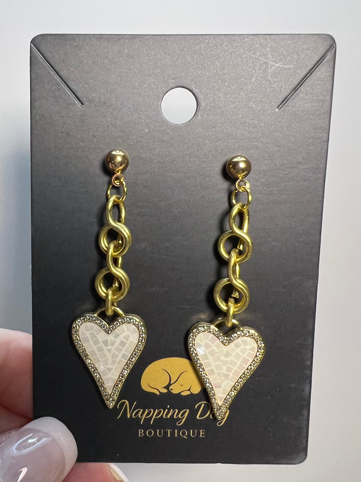 Hand-Wired Gold-Tone Heart Dangle Earrings – Cream Textured Statement Earrings