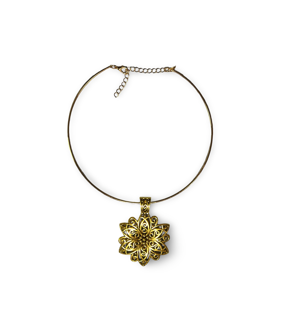 Antique Gold Floral Pendant Choker Necklace – Adjustable Statement Necklace