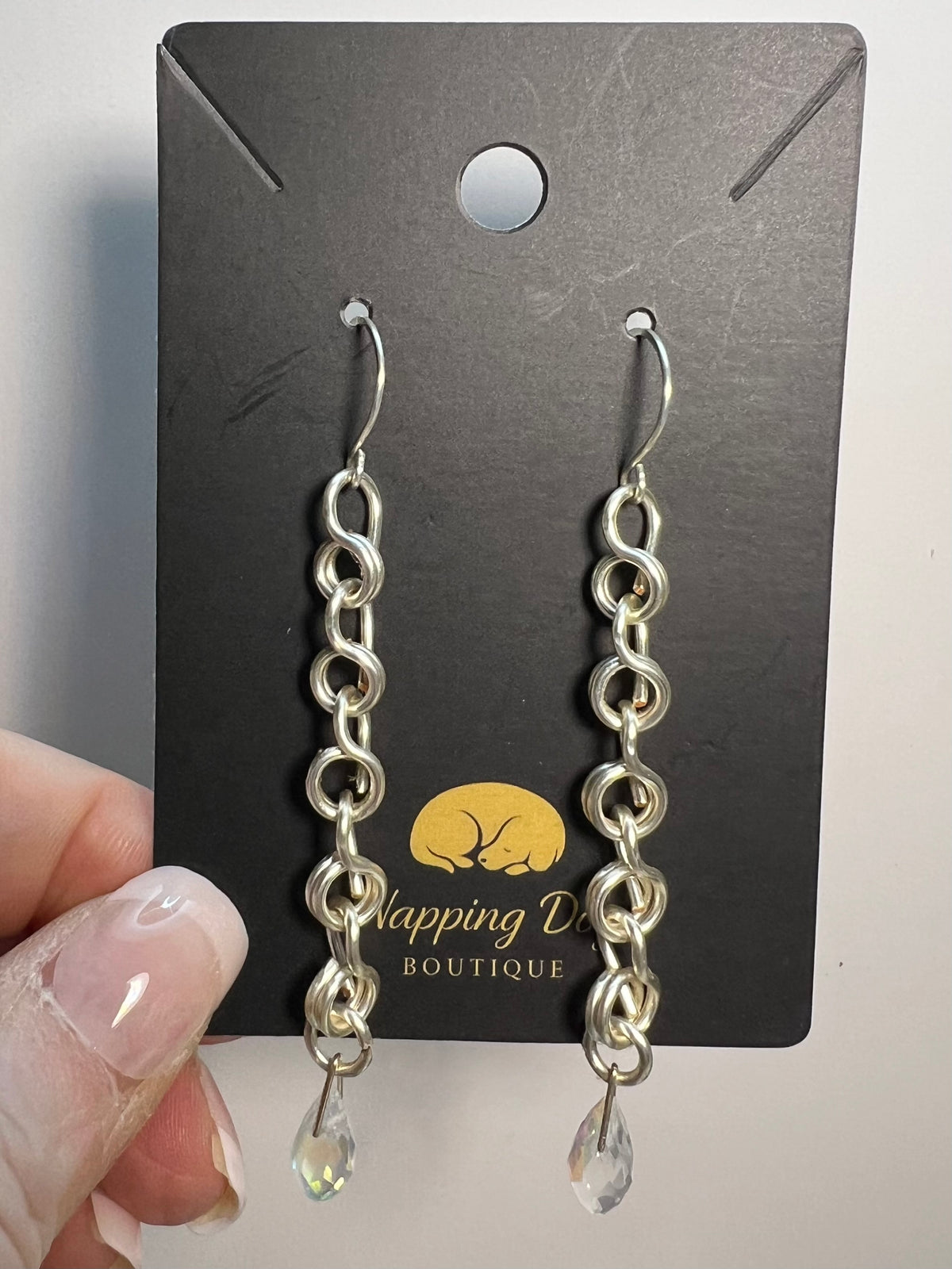 Hand-Wired Silver-Tone Chain Dangle Earrings with Glass Teardrops