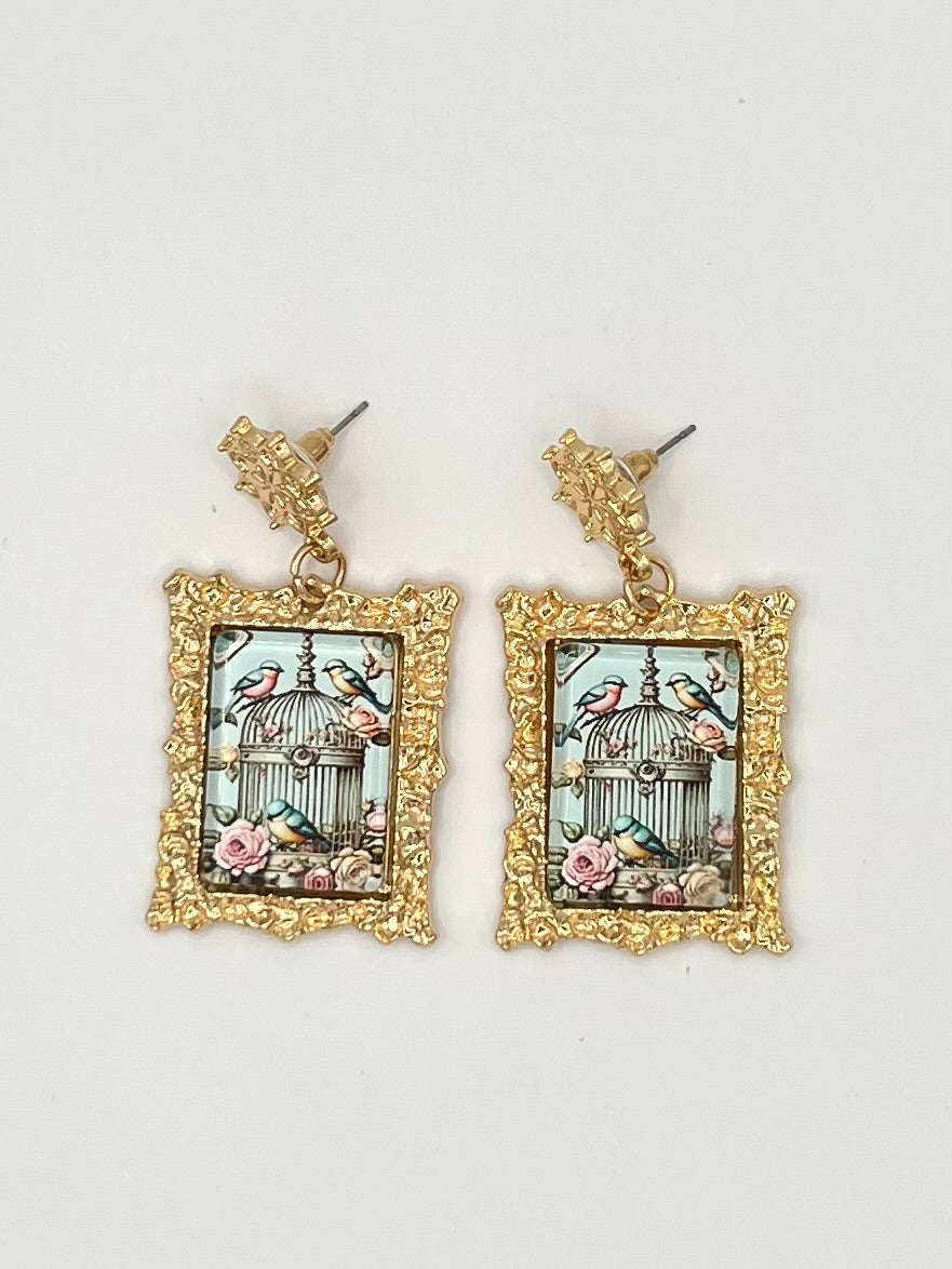 Vintage-Inspired Birdcage Floral Frame Drop Earrings