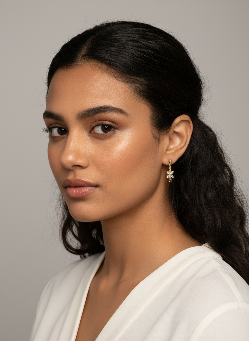 Gold Floral Crystal Dangle Earrings with Pink Heart Accent