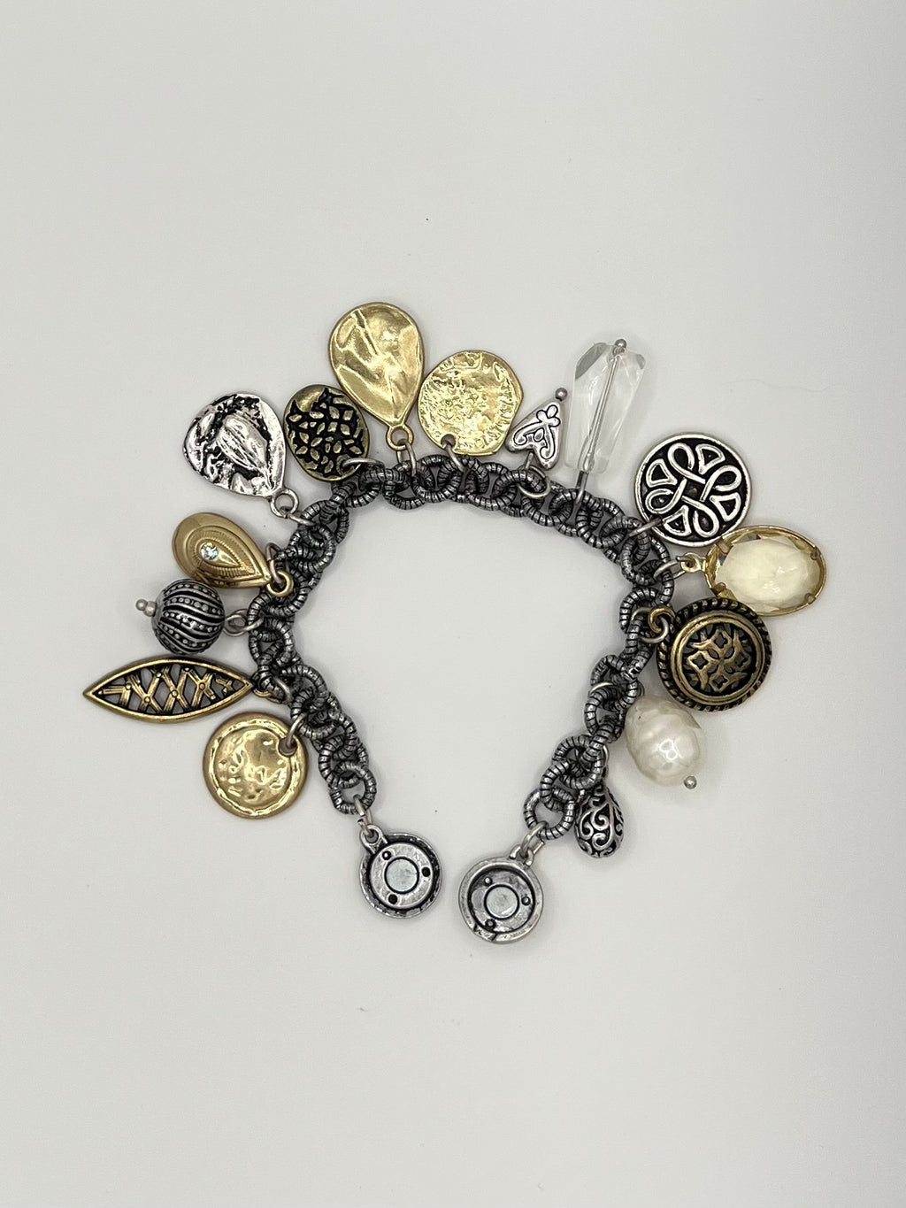 Mixed Metal Charm Bracelet with Pearl & Crystal Accents and Magnetic Clasp