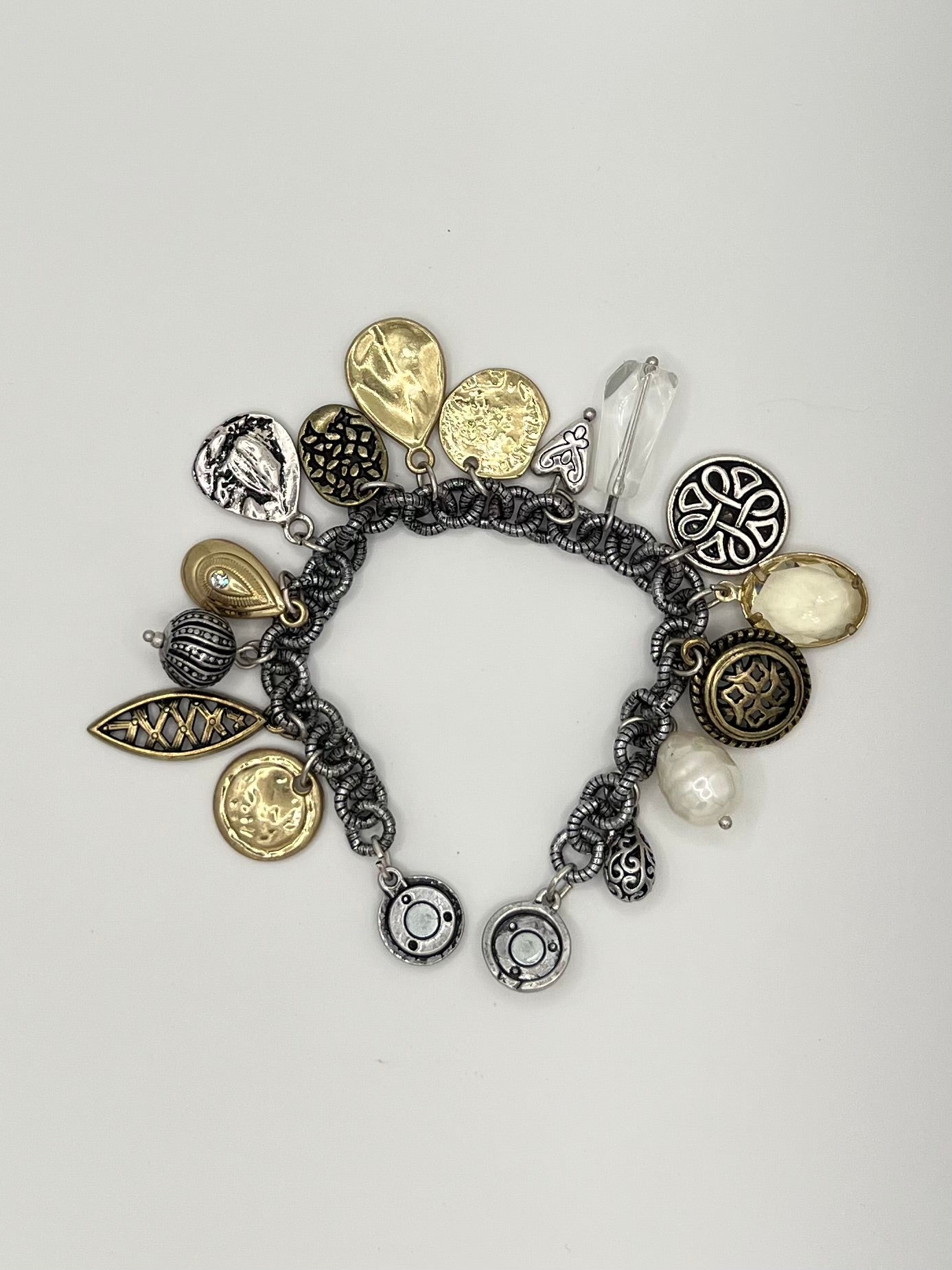 Mixed Metal Charm Bracelet with Pearl & Crystal Accents and Magnetic Clasp