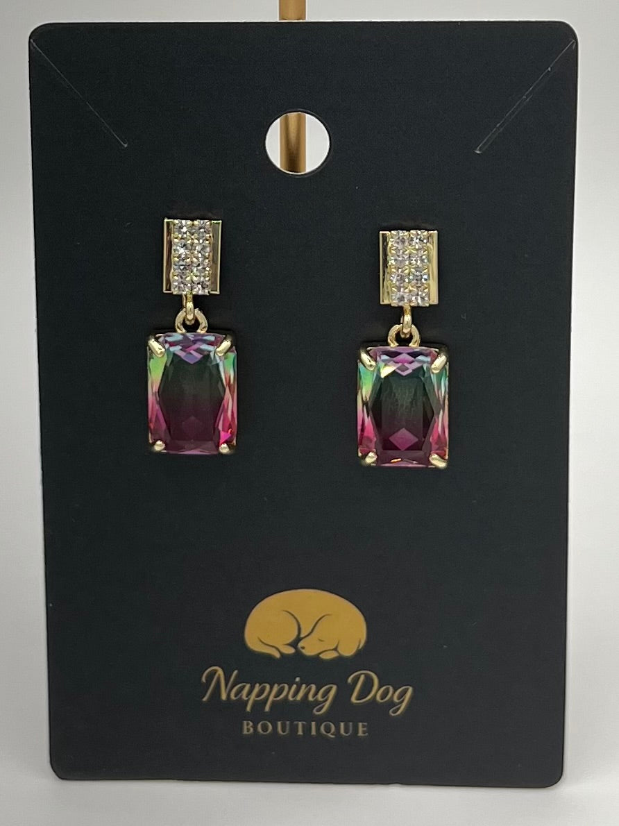 Rainbow Crystal Drop Earrings – Gold Rhinestone Stud Statement Earrings