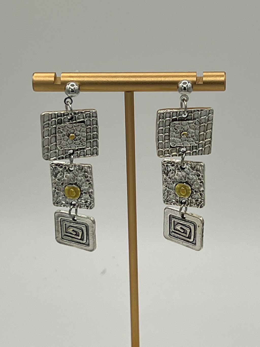 Silver Geometric Dangle Earrings with Gold Accents