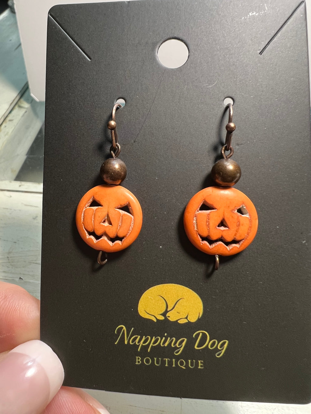 Ceramic Jack-O’-Lantern Dangle Earrings – Antique Bronze-Tone Halloween Earrings