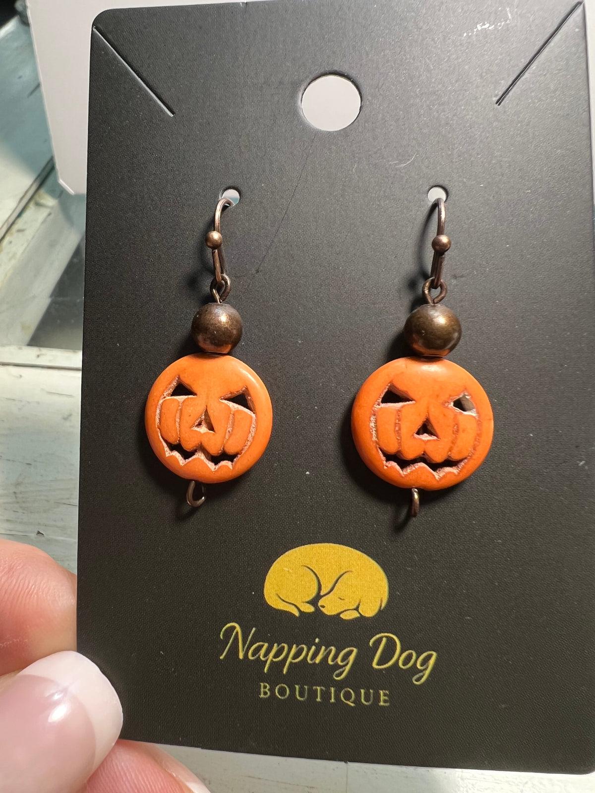 Ceramic Jack-O’-Lantern Dangle Earrings – Antique Bronze-Tone Halloween Earrings