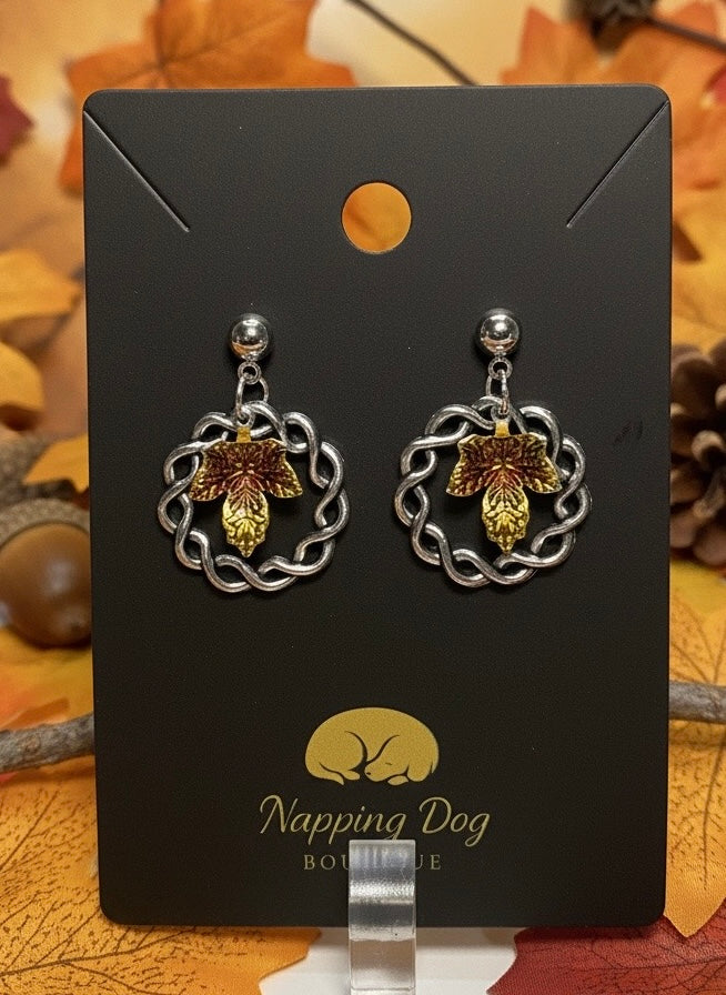 Autumn Leaf Wreath Dangle Earrings – Silver-Tone Fall Earrings
