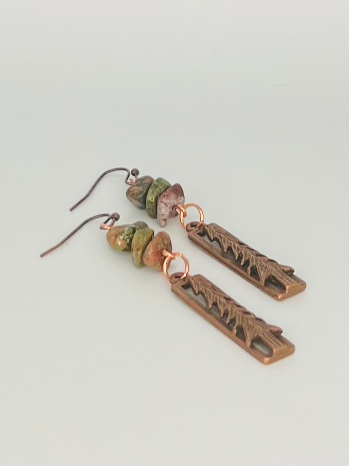Copper Mountain Carved Earrings Accented with Pink and Green Stones