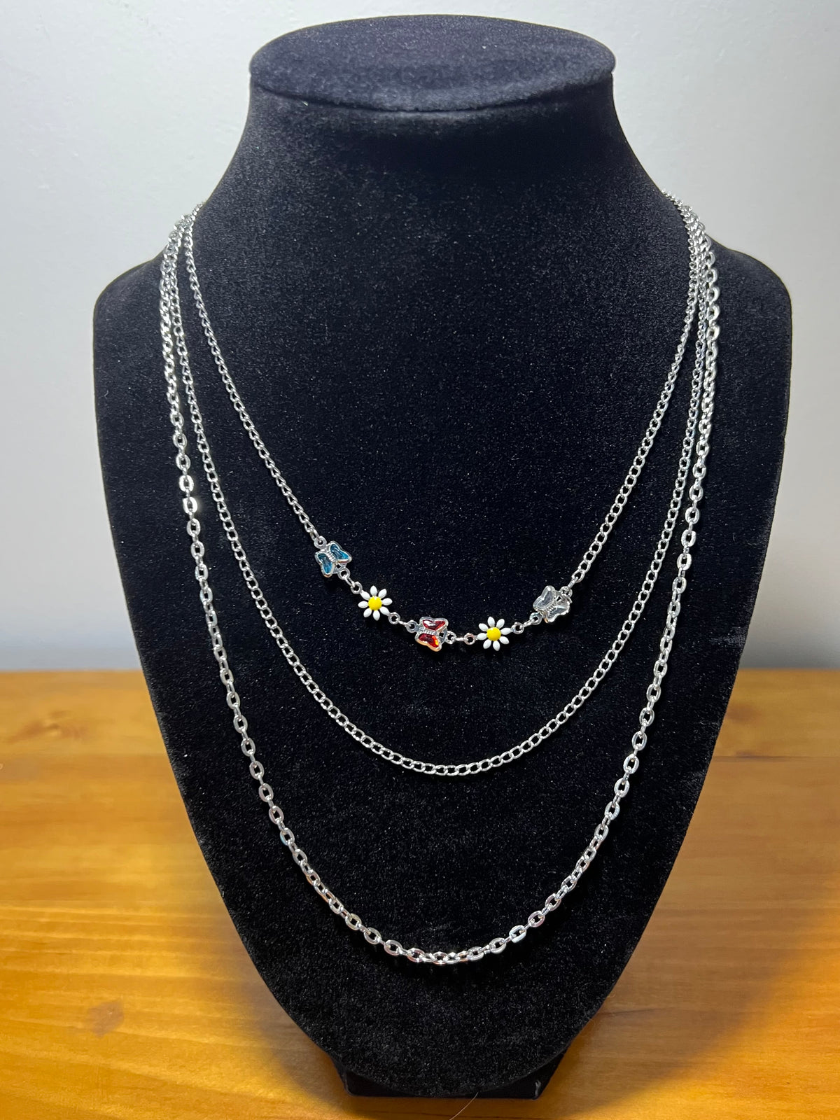 18K White Gold-Filled Triple-Layer Butterfly & Daisy Necklace (Copy)