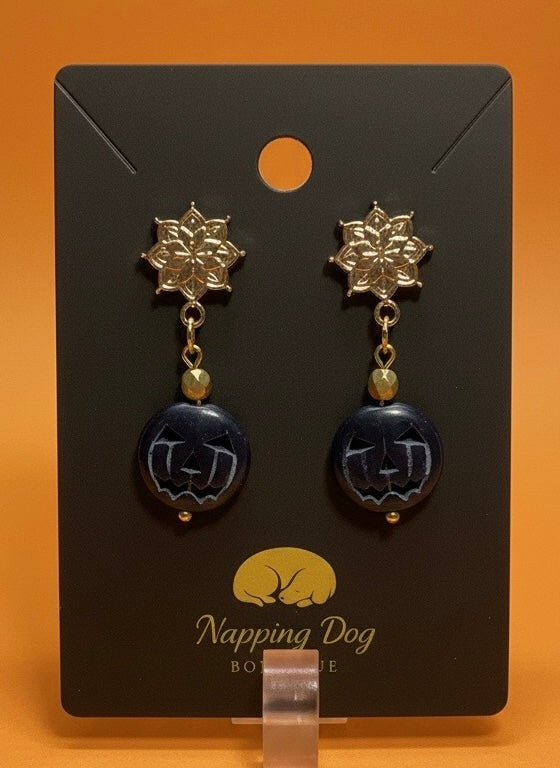 Navy Blue Ceramic Jack-O’-Lantern Dangle Earrings – Gold-Tone Halloween Earrings