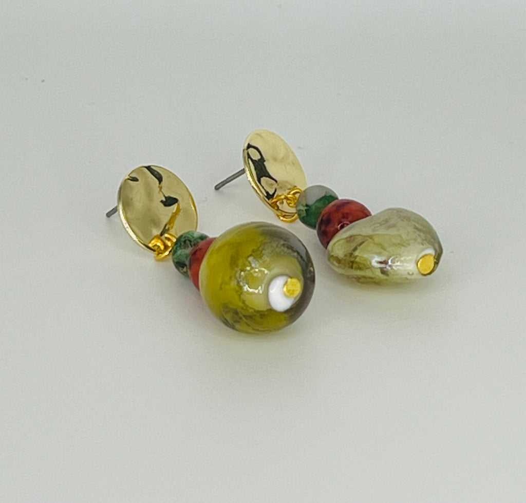 Murano-Inspired Glass Bead and Gold Tone Earrings - One Round, One Heart