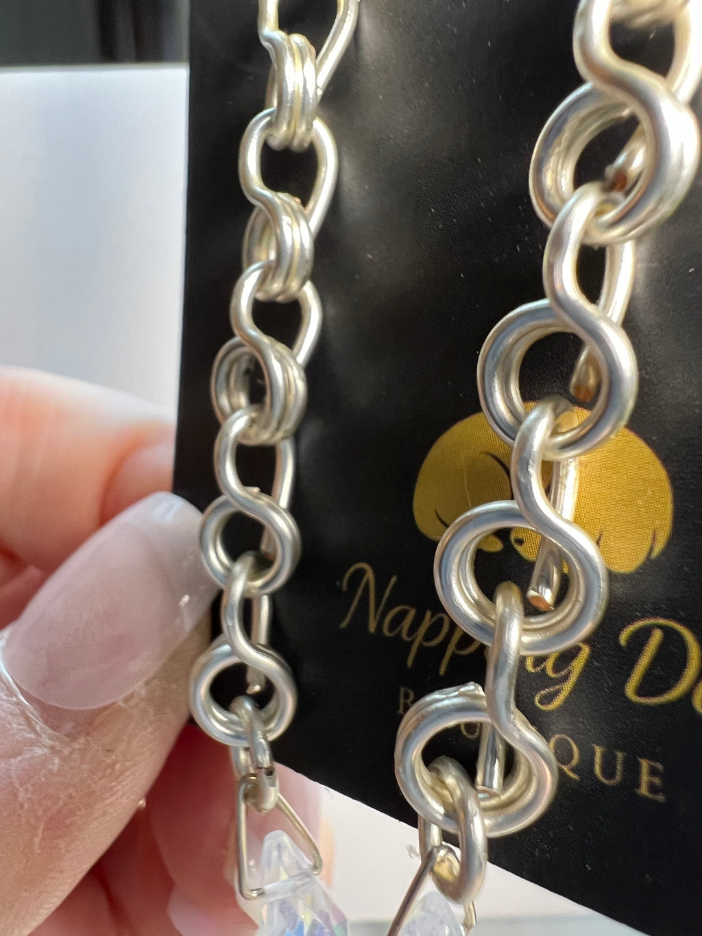 Hand-Wired Silver-Tone Chain Dangle Earrings with Glass Teardrops