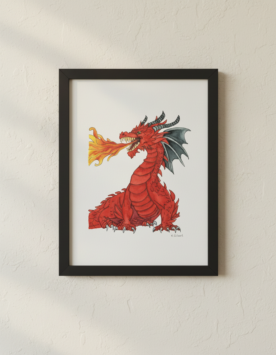 Red Fire Dragon Watercolor Painting – Original Fantasy Art