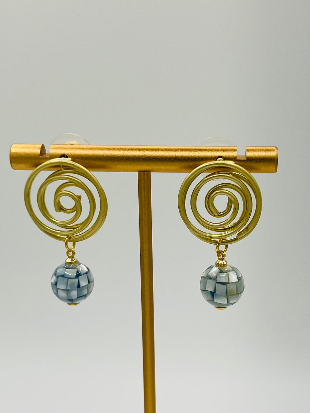 Matte Gold Spiral Drop Earrings with Blue Mother of Pearl Mosaic Bead