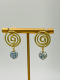 Matte Gold Spiral Drop Earrings with Blue Mother of Pearl Mosaic Bead