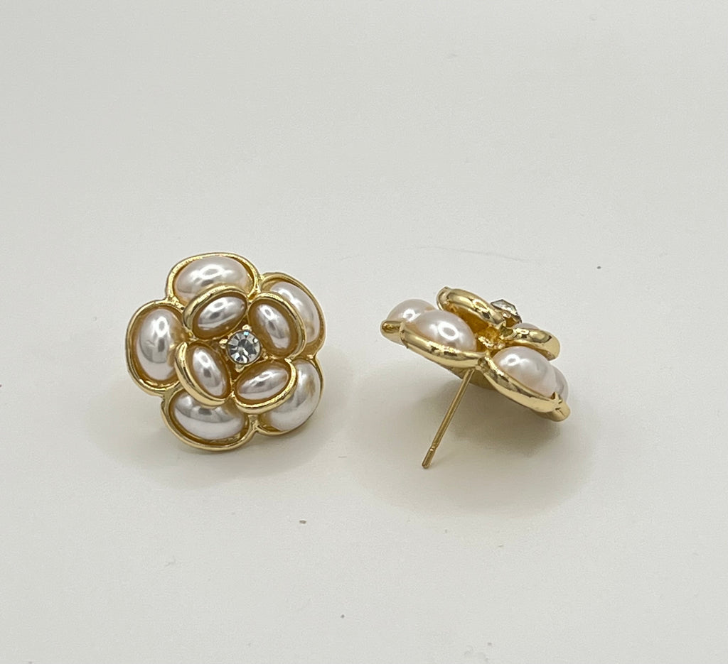 Floral Gold Tone Faux Pearl & Rhinestone Stud Earrings
