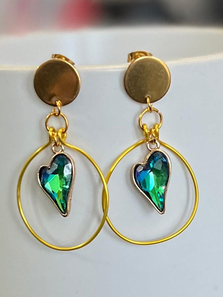 Hand-Shaped Gold Tone Hoops with Green Gemstone Accent