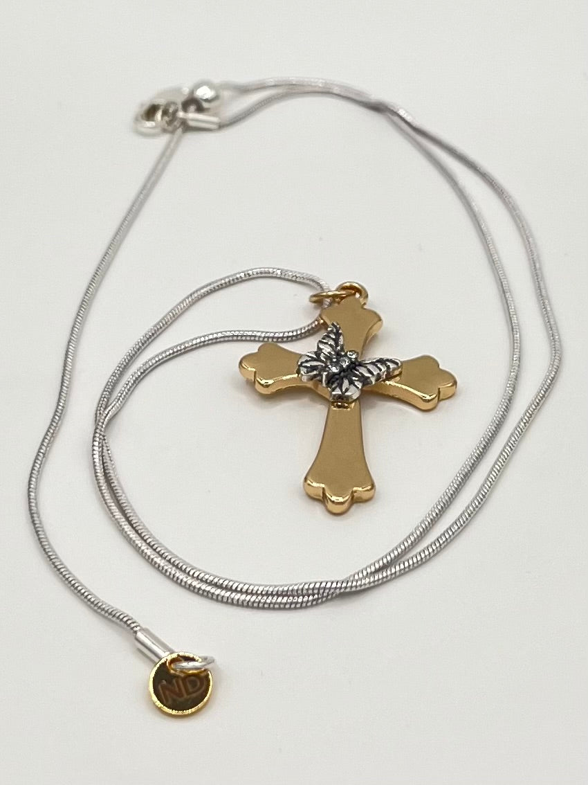 Gold and Silver Tone Cross Necklace with Butterfly Accent