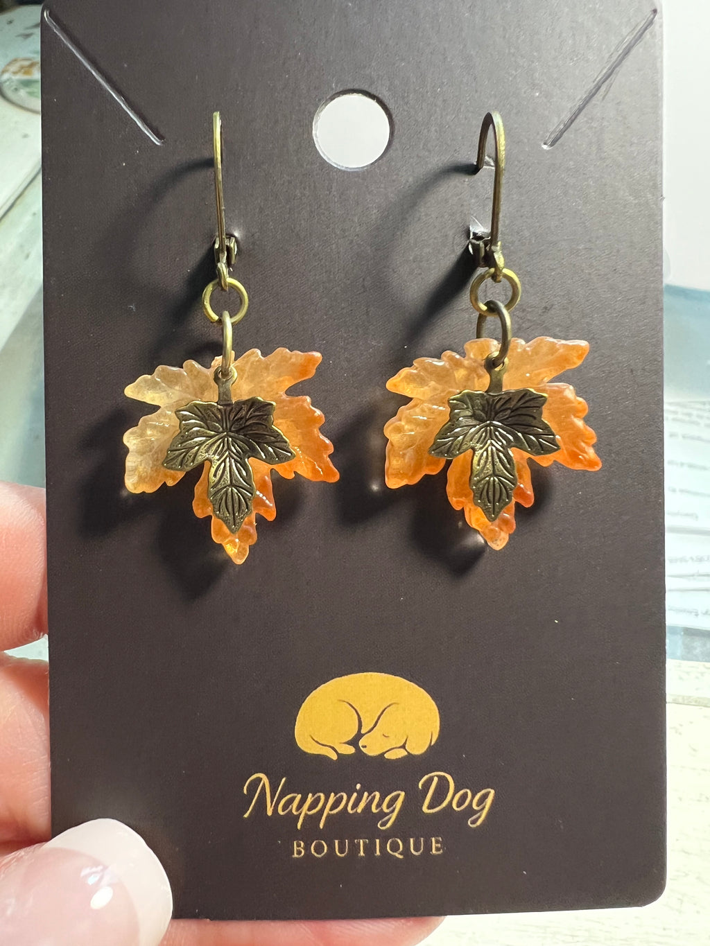 Glass Maple Leaf & Bronze Leaf Dangle Earrings – Fall Jewelry