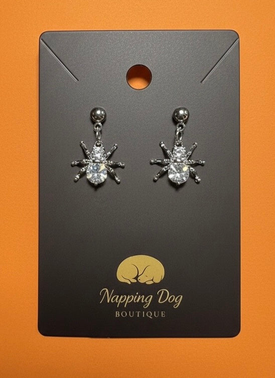 Silver and Crystal Spider Earrings