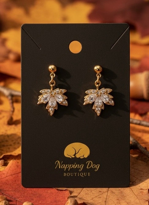 Crystal Maple Leaf Dangle Earrings – Gold-Tone Fall Earrings