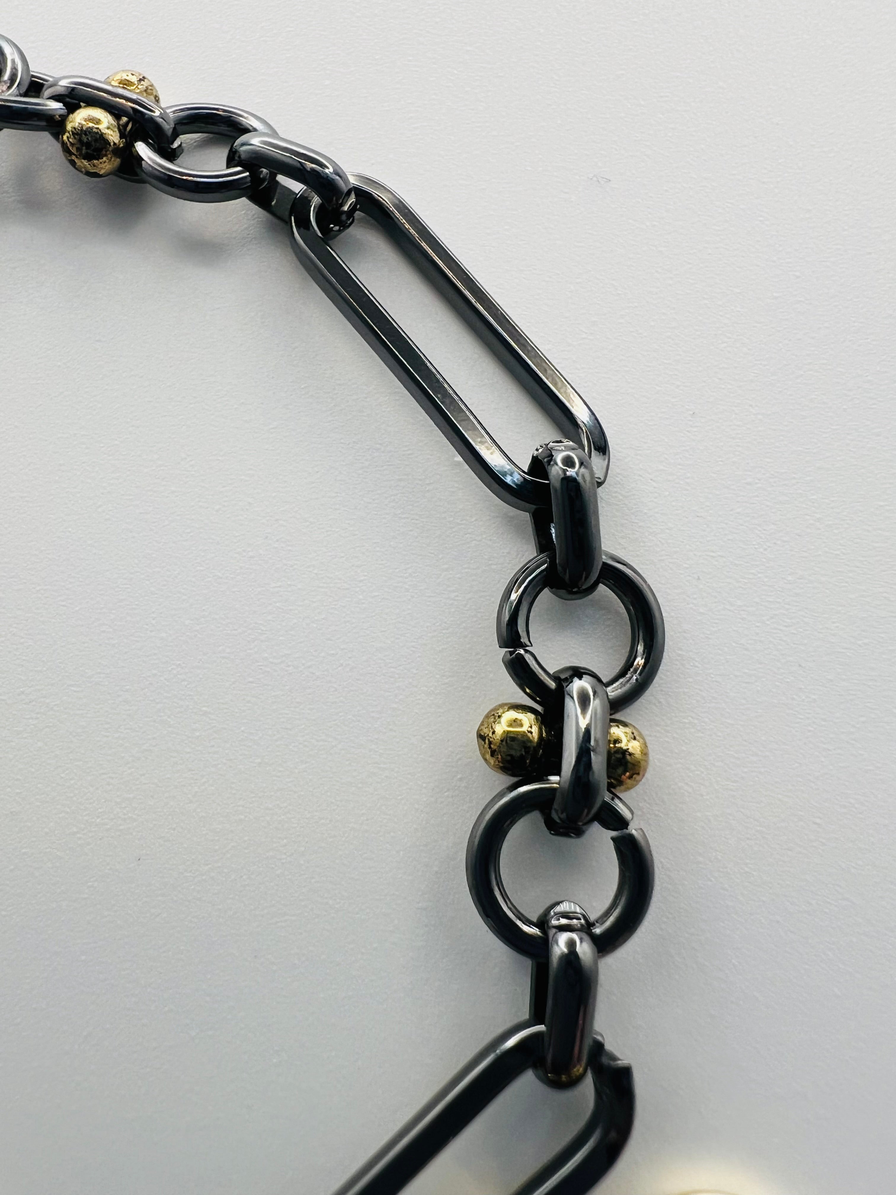 Gunmetal & Gold Tone Bracelet with Heart Faux Abalone Charm