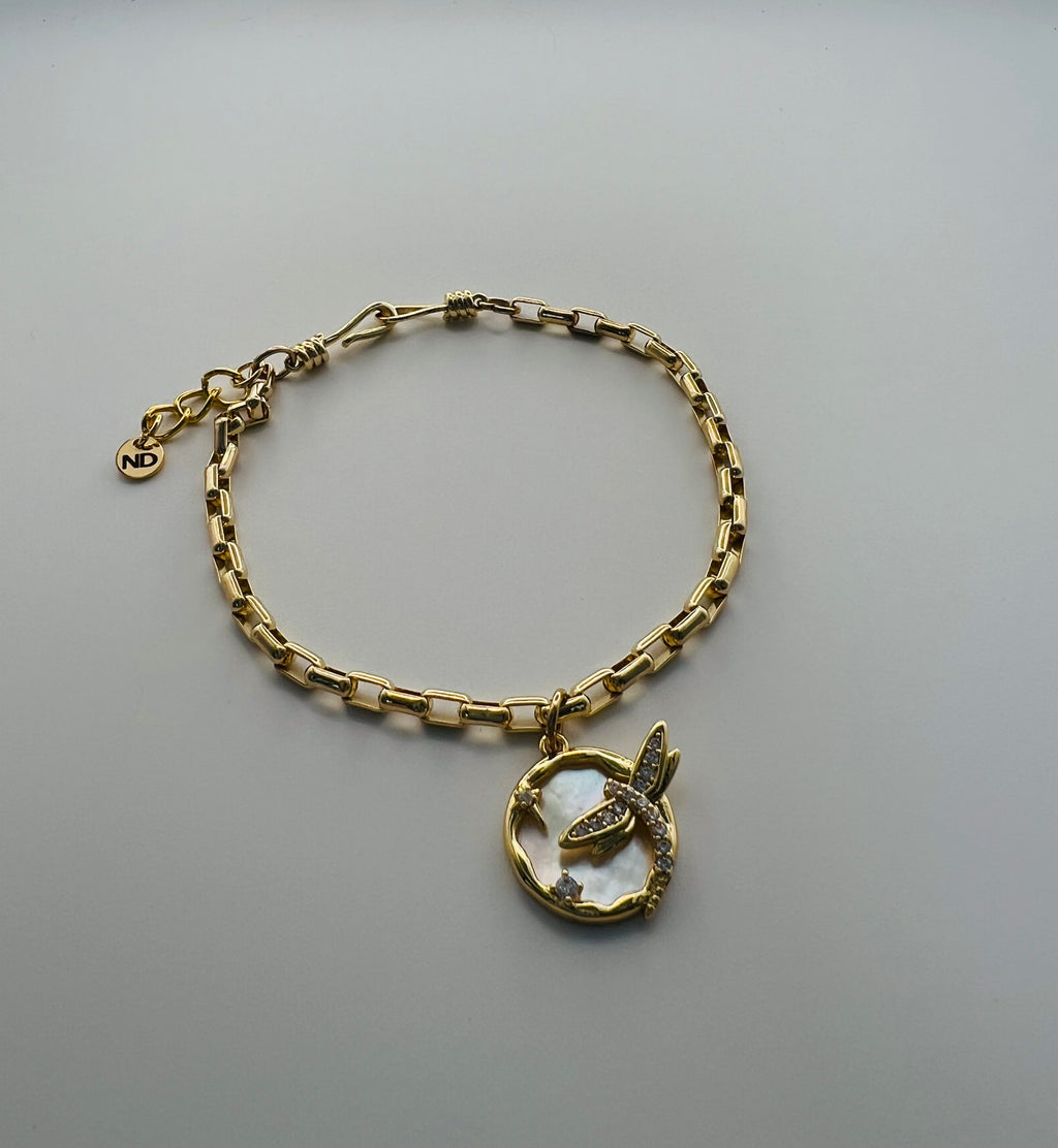 Gold Tone Bracelet with Opal Dragon Fly Charm