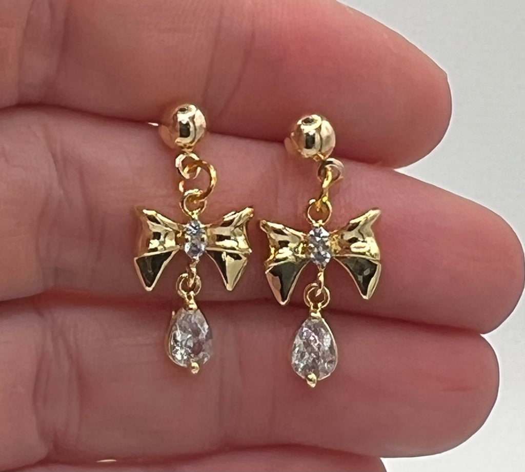 Gold Tone Bow Earrings with Dangle Crystals – Stainless Steel