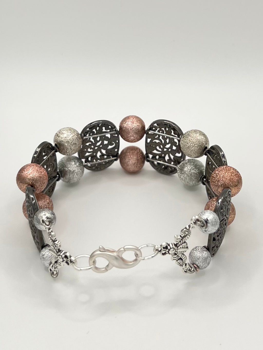 Pink & Silver Metallic Bead Bracelet with Gunmetal Filigree Accents – 8”