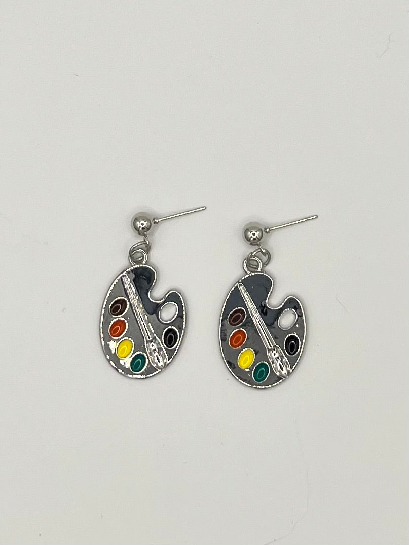 Artist Paint Palette Stud Earrings – Silver Tone Enamel Art Lover Earrings