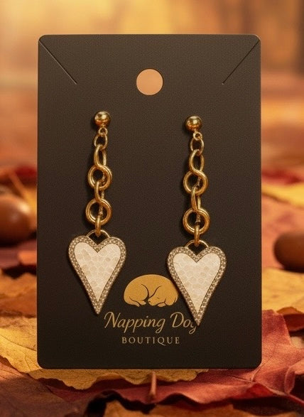 Hand-Wired Gold-Tone Heart Dangle Earrings – Cream Textured Statement Earrings