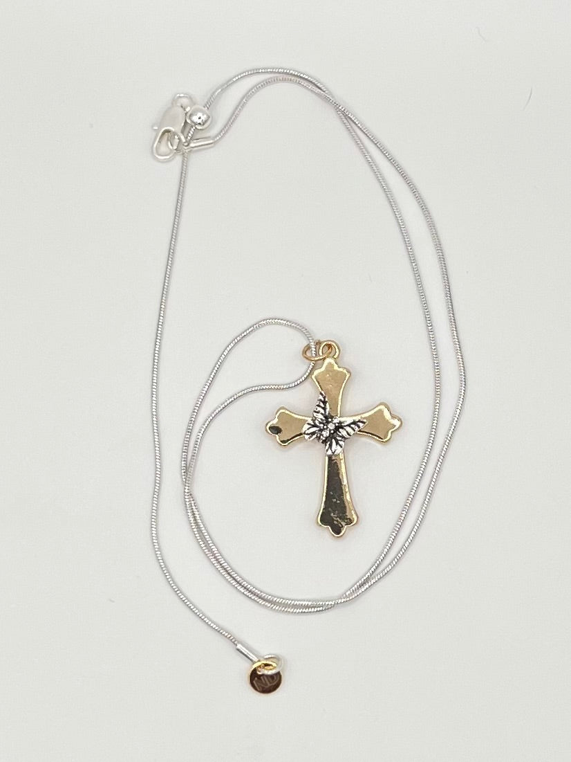 Gold and Silver Tone Cross Necklace with Butterfly Accent