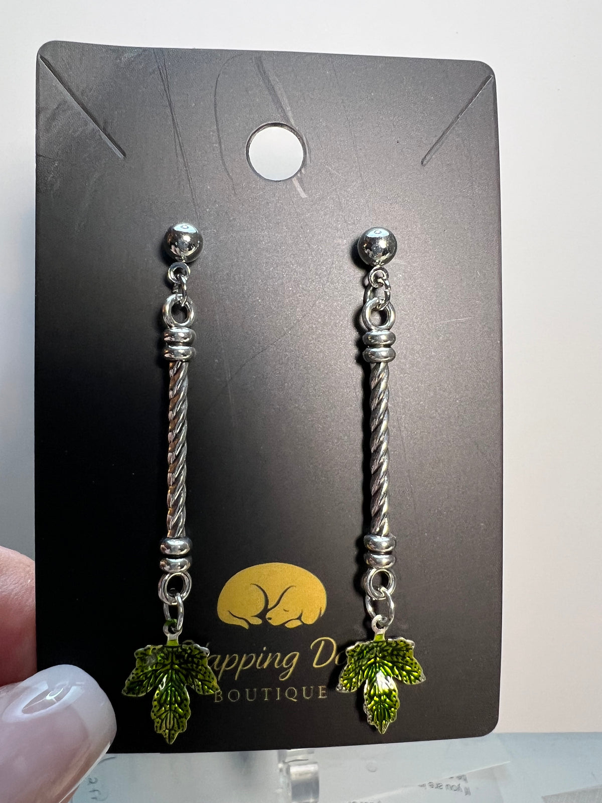 Silver-Tone Leaf Dangle Earrings – Green Enamel Fall Earrings