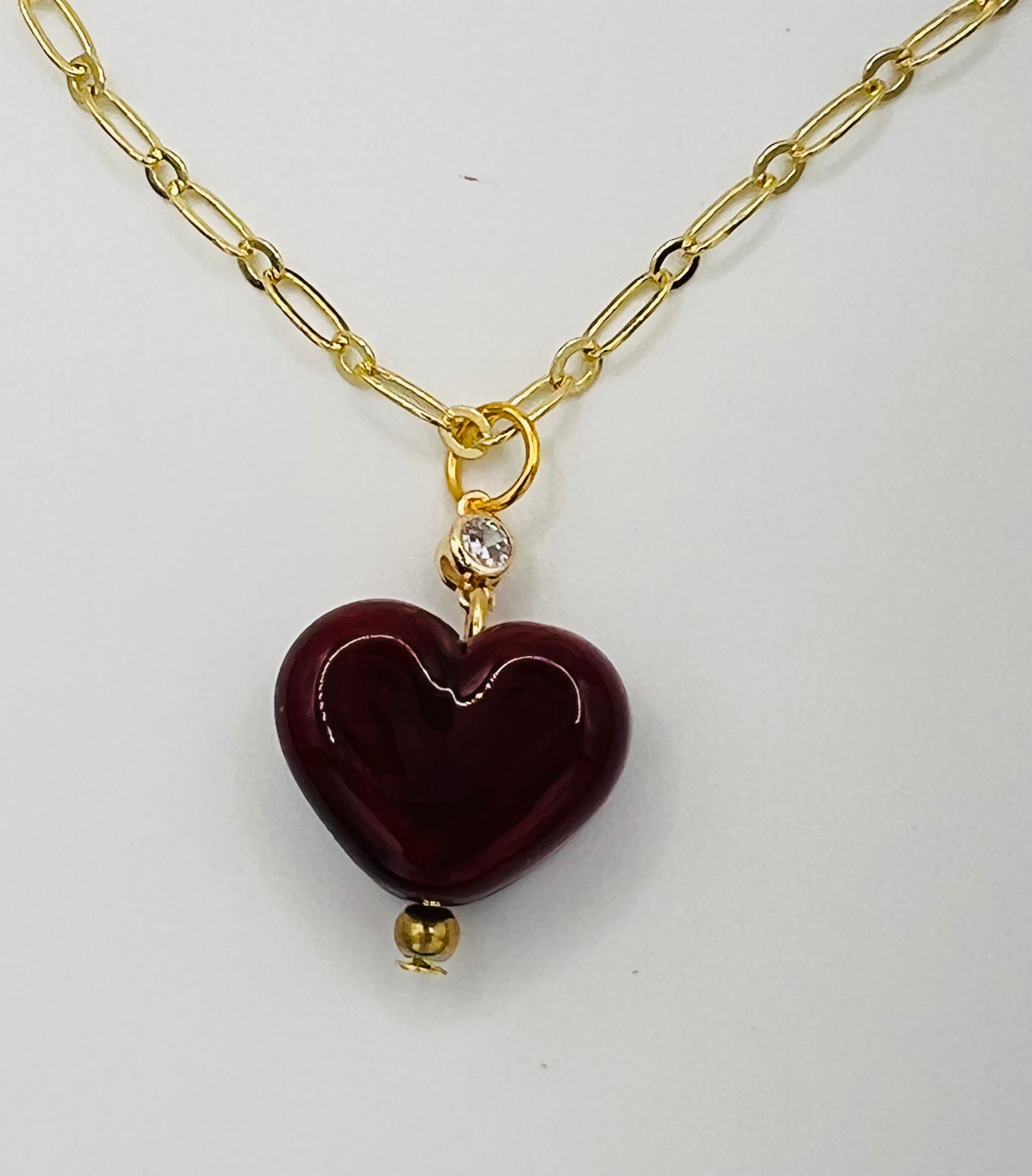 Handmade Lampwork Red Heart Necklace & Earring Set with Crystal Accents