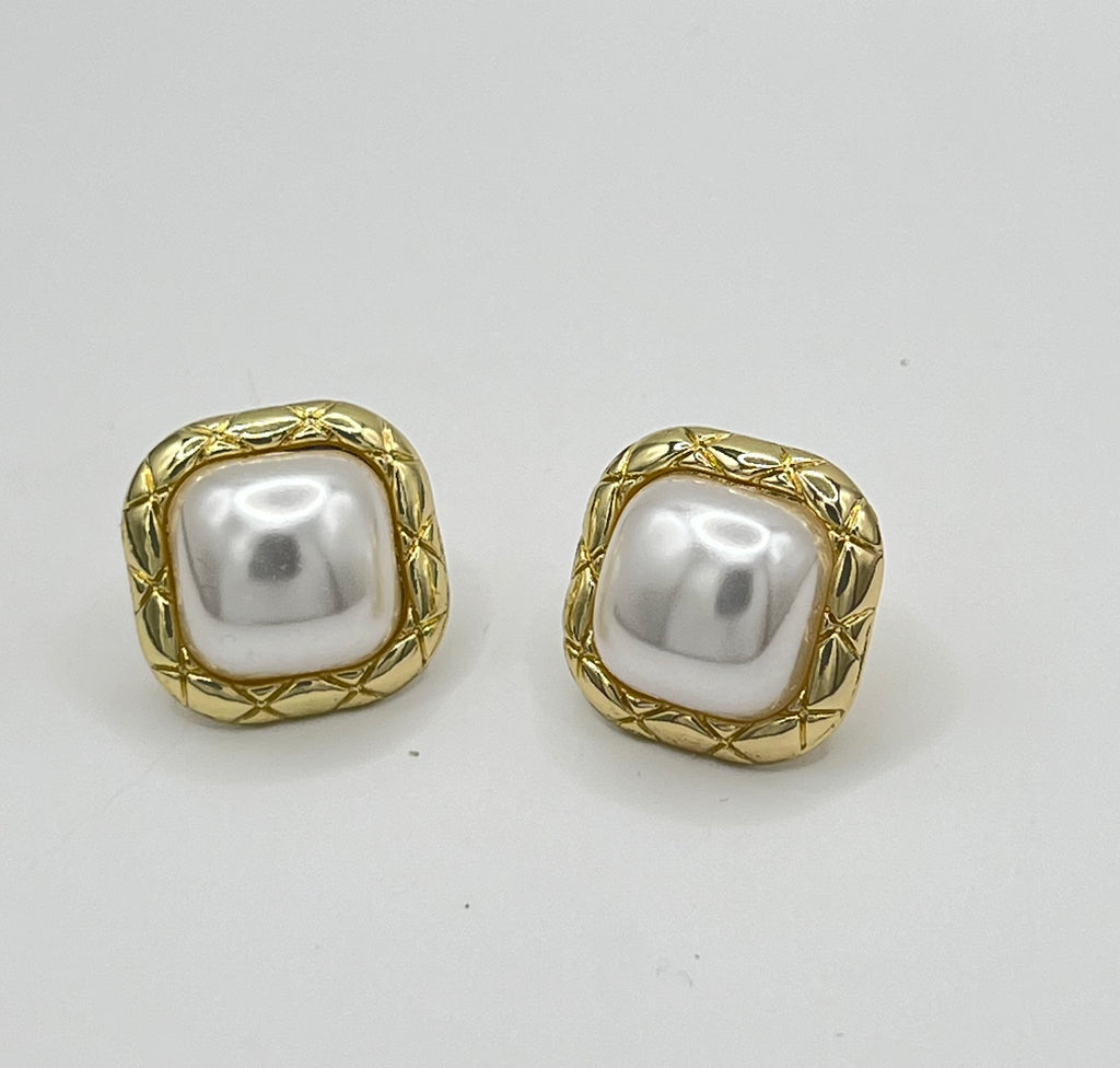 Gold Tone Faux Pearl Square Stud Earrings