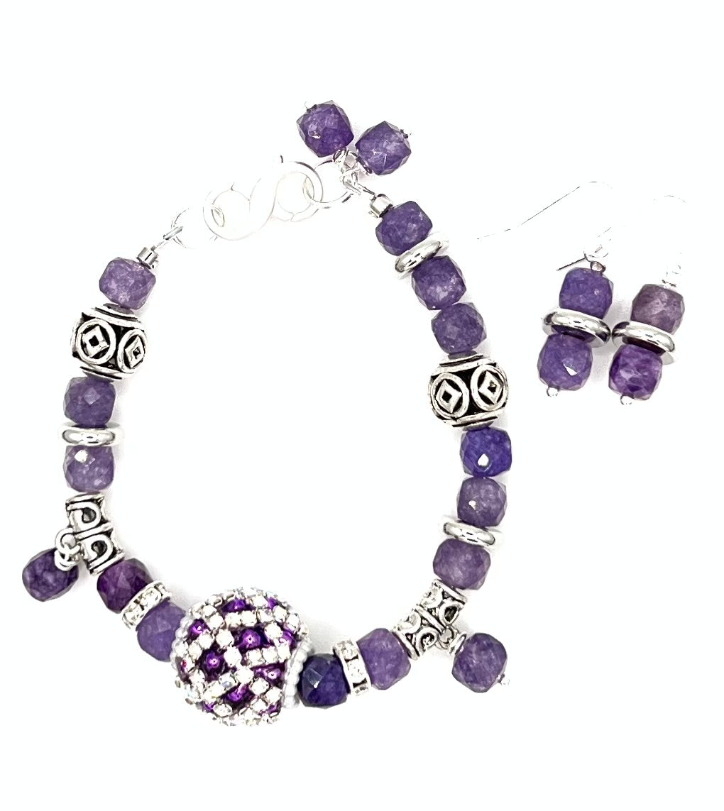 Faceted Genuine Amethyst Bracelet with Rhinestone Pavé Accent & Matching Earrings