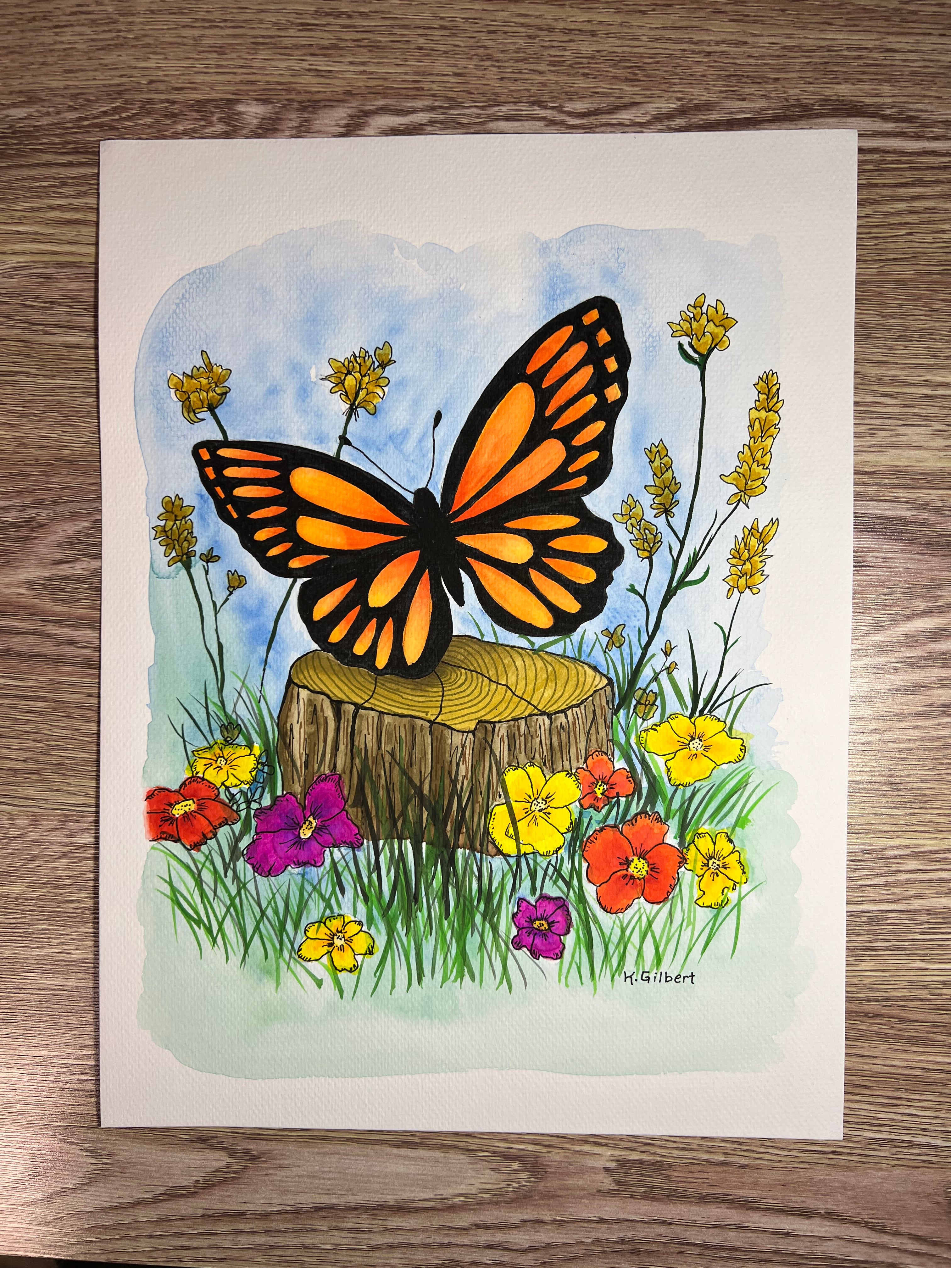 Original Watercolor Painting – Monarch Butterfly in Springtime