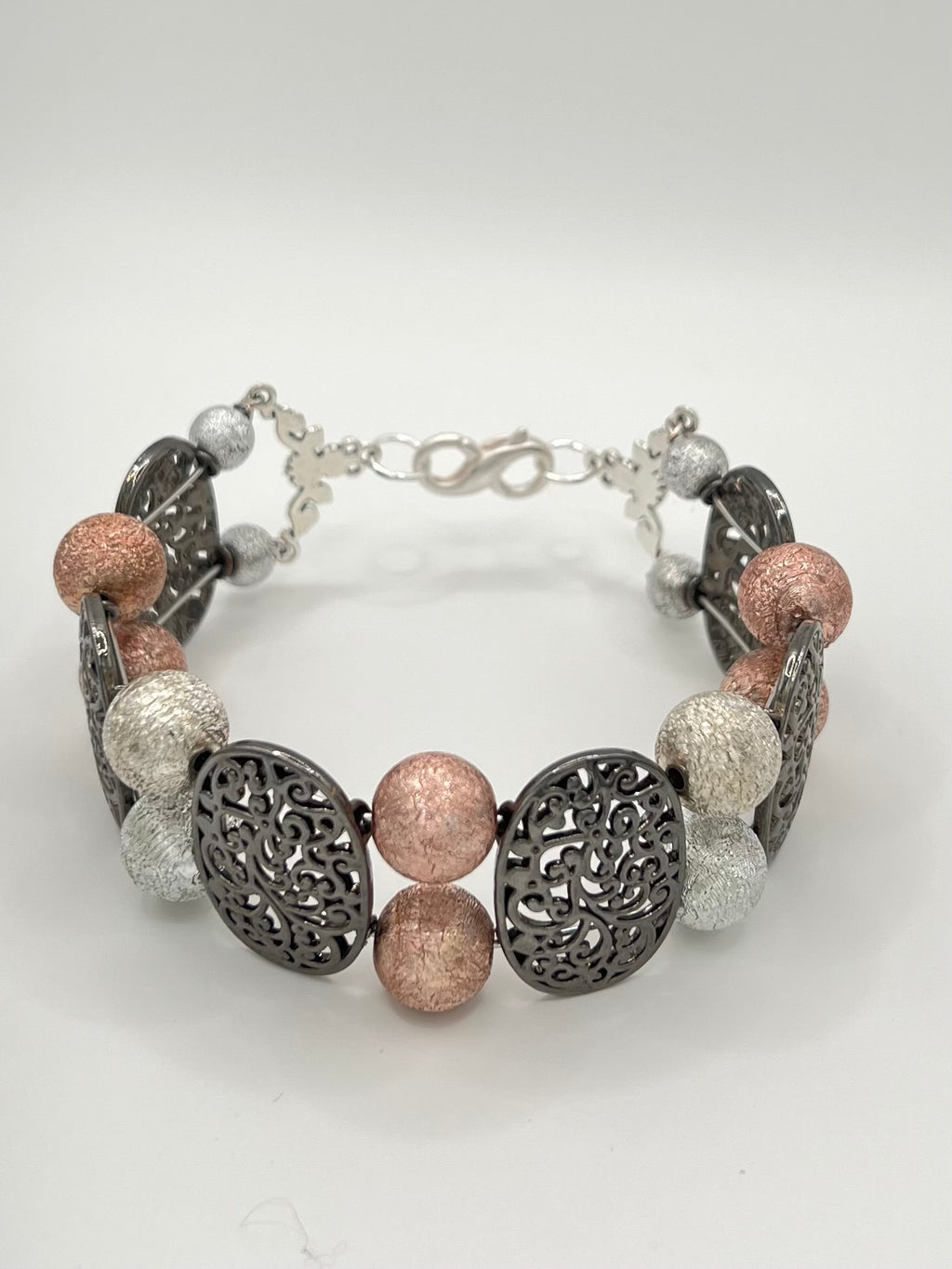 Pink & Silver Metallic Bead Bracelet with Gunmetal Filigree Accents – 8”