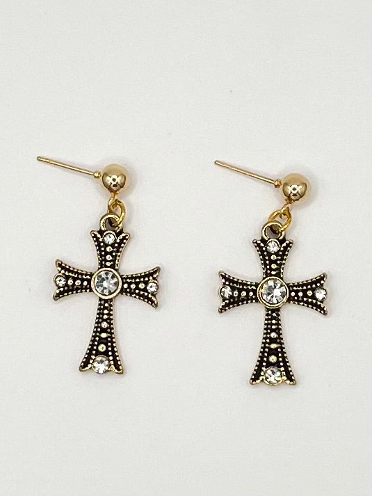 Artisan-Style Antique Gold Cross Earrings