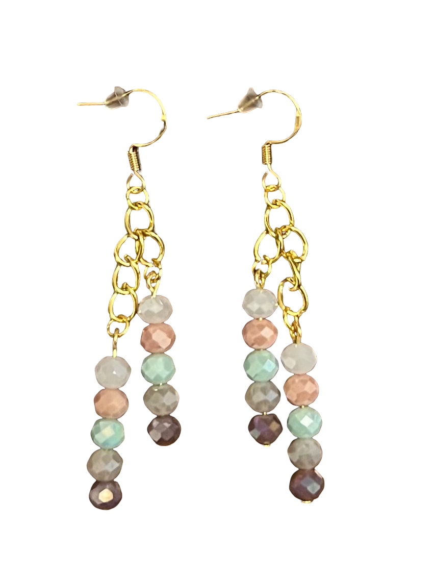 Gold Tone Chain Dangle Earrings with Multi-Colored Beads