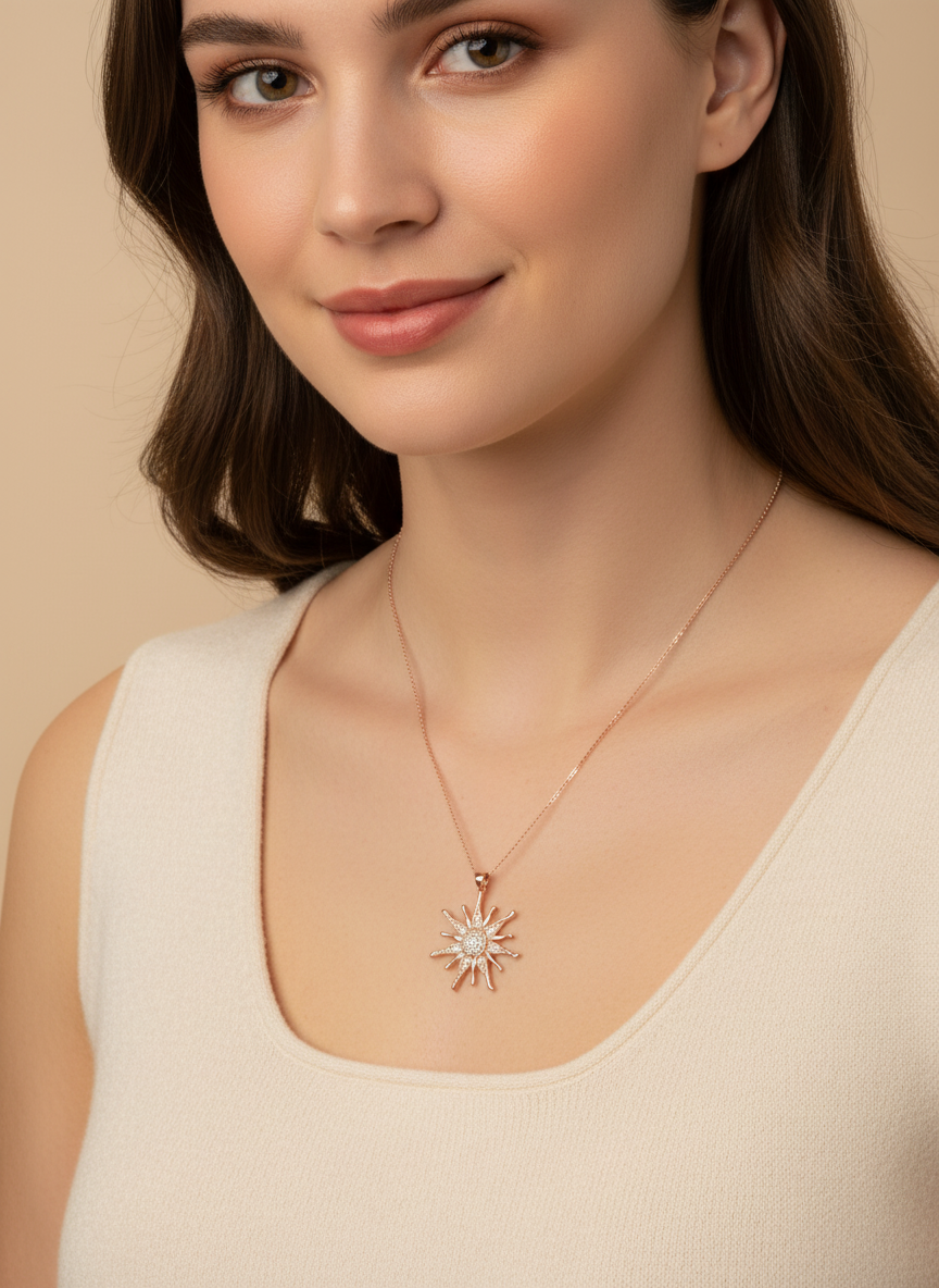 Celestial Sunburst Necklace – 18K Gold Plated 925 Sterling Silver Chain