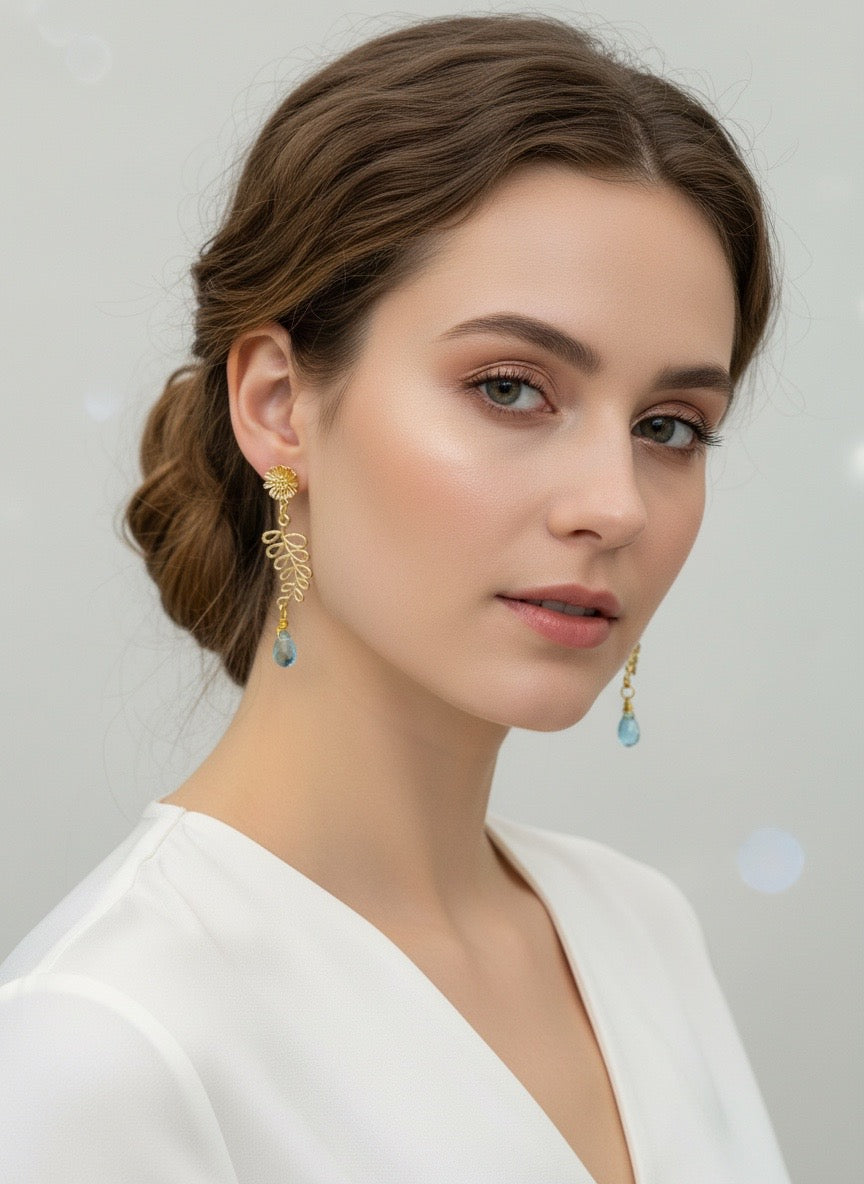 Gold Botanical Dangle Earrings with Aqua Blue Drops