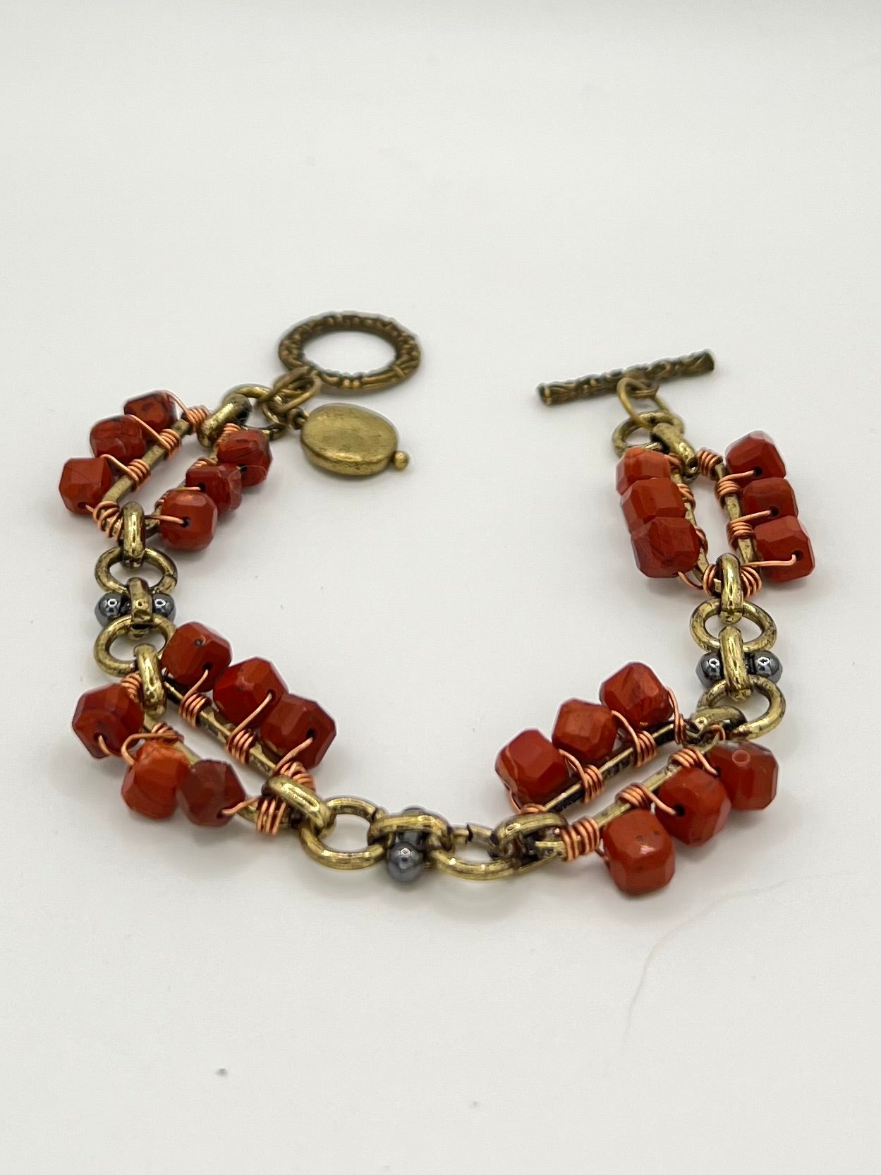 Mixed Metal Wire Wrapped Red Stone Bracelet