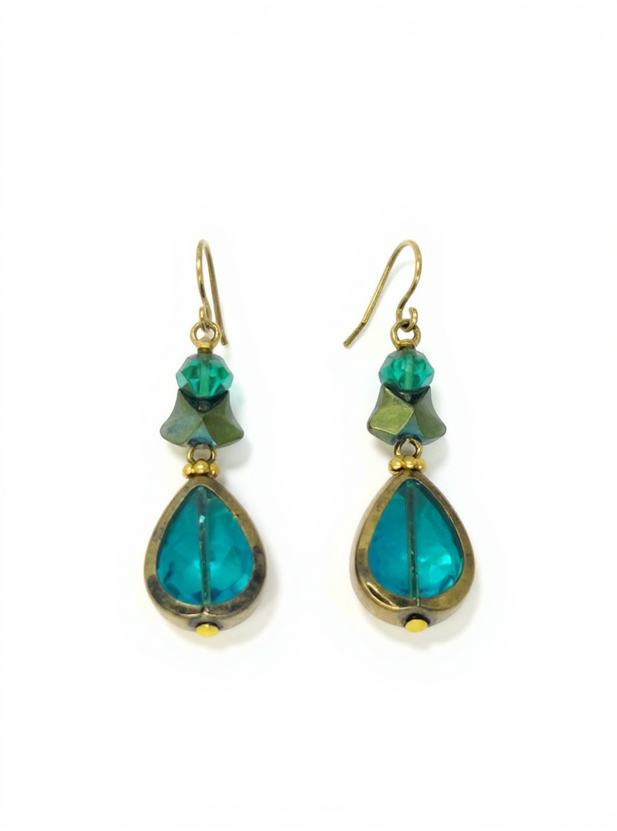 Gold and Multi Shades of Green Dangle Earrings