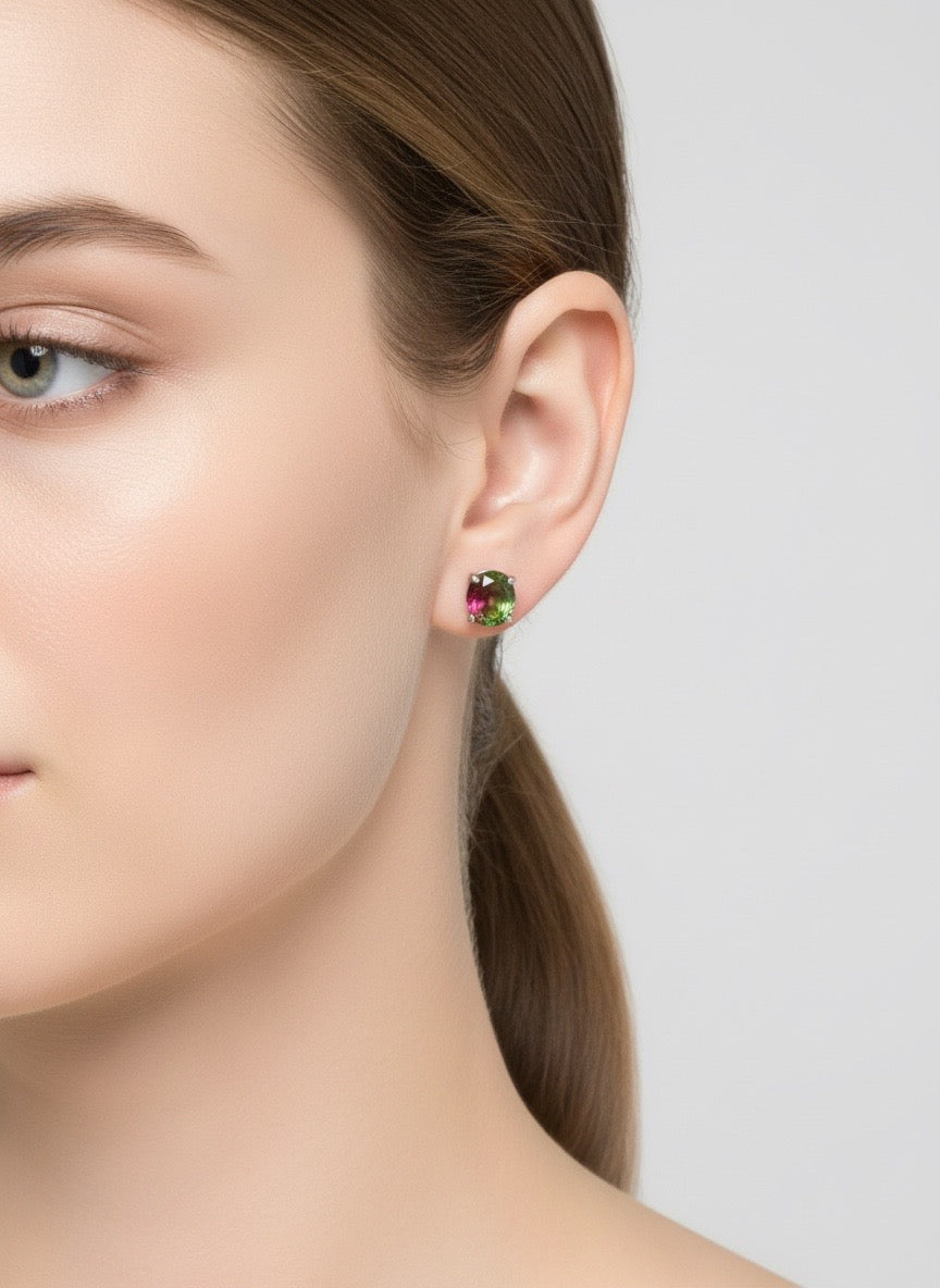 Sterling Silver Round Watermelon Tourmaline Earrings