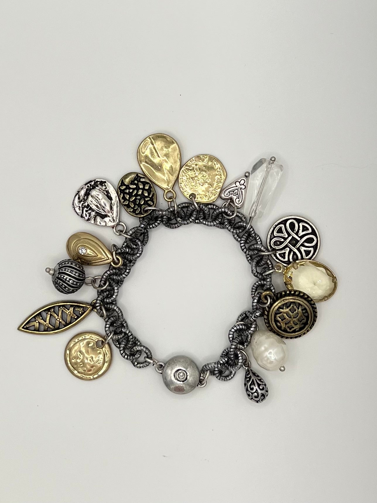 Mixed Metal Charm Bracelet with Pearl & Crystal Accents and Magnetic Clasp